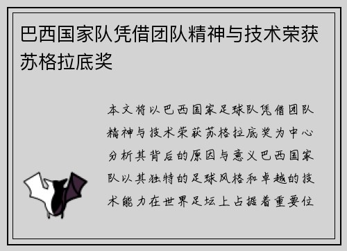 巴西国家队凭借团队精神与技术荣获苏格拉底奖